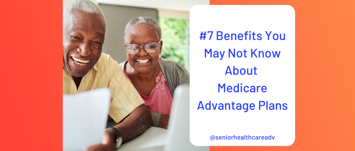 Illustration of a person holding a Medicare Advantage card with a background of various healthcare icons. Represents the benefits of Medicare Advantage plans."